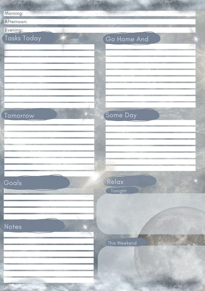 Agenda page with 1) the way my brain works re: lists and 2) a cosmic stormy blue-gray theme